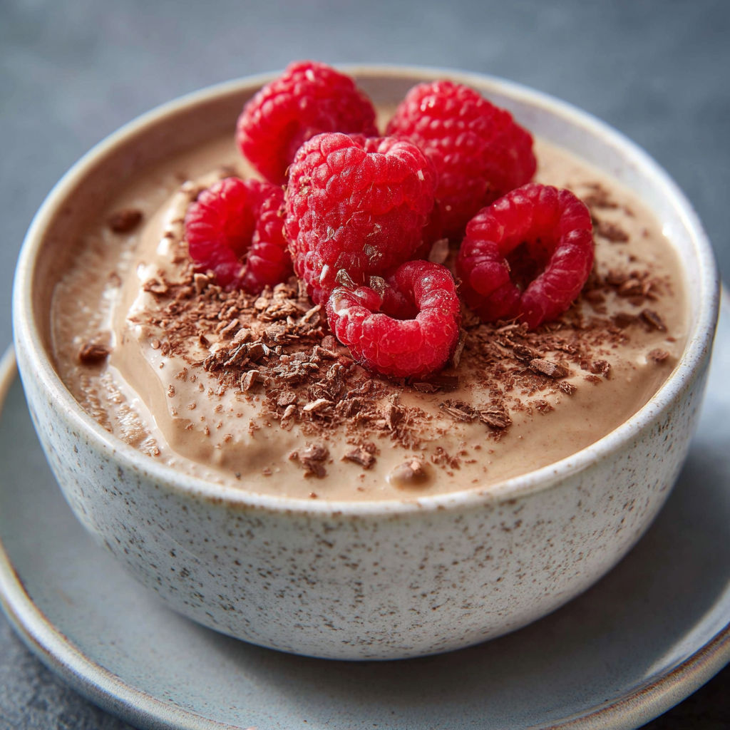 A bowl of pudding with raspberries on top.