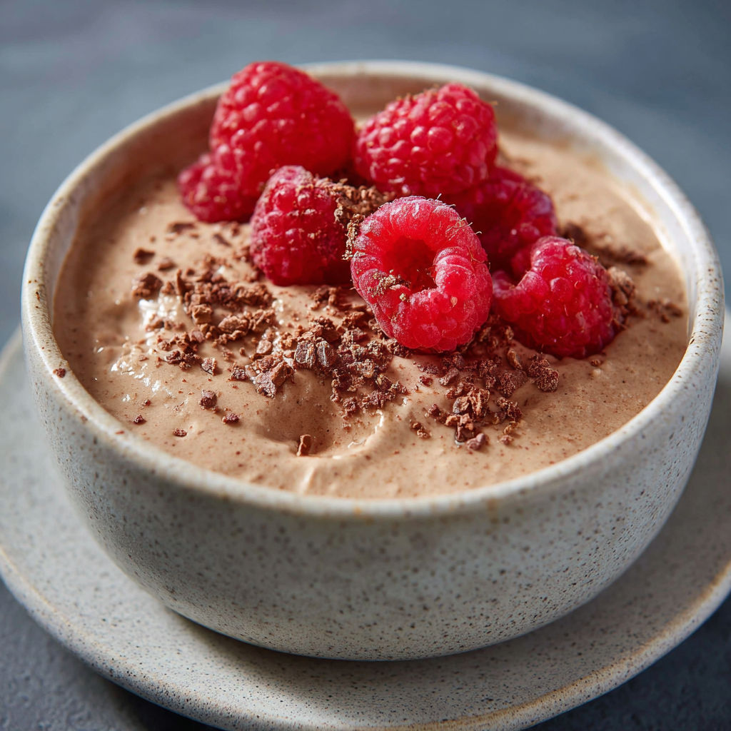 A bowl of chocolate pudding with raspberries on top.