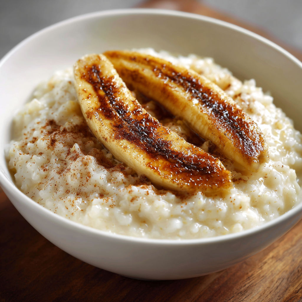 A bowl of oatmeal with bananas on top.