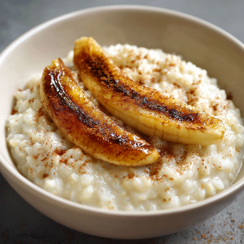 A bowl of oatmeal with bananas on top.