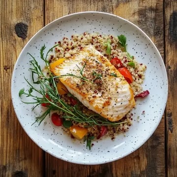 Ein Teller mit gegrilltem Lachsfilet auf einem Bett aus Quinoa und buntem Gemüse.