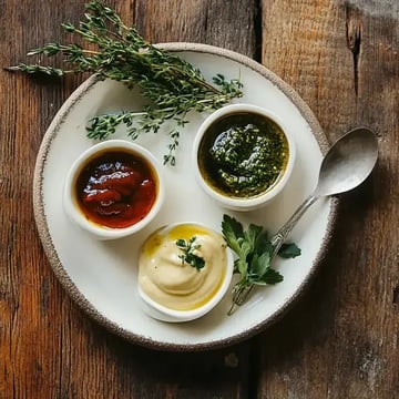 Ein Teller mit drei Schalen unterschiedlichen Dips (eine rote Sauce, eine grüne Paste und eine helle Sauce) und frischen Kräutern auf einem rustikalen Holztisch.