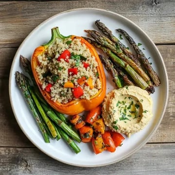 Ein gefüllter Paprika mit Quinoa und Gemüse, serviert mit geröstetem Spargel und Karotten sowie einem Klecks Hummus.