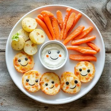 Ein Teller mit fröhlich dekorierten Snacks, darunter Kartoffeln, Karotten und lächelnde Käsescheiben, die um eine Schüssel mit Dip angeordnet sind.