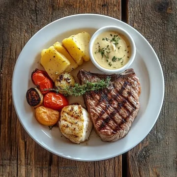 Ein Teller mit gegrilltem Steak, Schalentier, buntem Gemüse, Kartoffeln und einer Sauce.