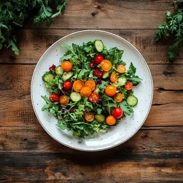 Ein bunter Salat aus Rucola, Gurken und verschiedenen Tomaten auf einem Teller.