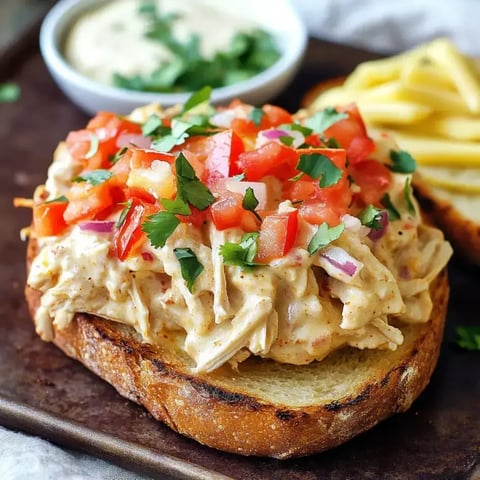 Eine Scheibe getoastetes Brot belegt mit zerpflücktem Hähnchen, gewürfelten Tomaten, Koriander und roten Zwiebeln, serviert mit einer Schale Sauce und Pommes frites im Hintergrund.