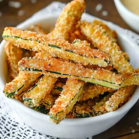 Eine Schüssel mit knusprigen, panierten Zucchini-Pommes, die ihre goldbraune Farbe und Textur zeigt.