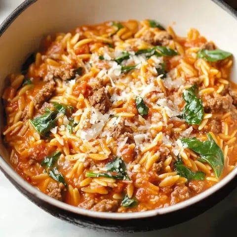 Ein cremiges Gericht aus Orzo-Pasta gemischt mit Hackfleisch und Spinat, garniert mit geriebenem Käse in einer Schüssel.