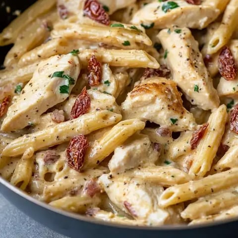 Eine Nahaufnahme von cremiger Penne-Pasta mit Hähnchenstücken und getrockneten Tomaten, garniert mit Petersilie.