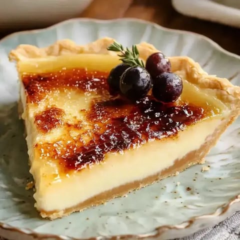 Ein Stück cremiger Vanillekuchen mit karamellisierter Decke, garniert mit Blaubeeren und Minze, serviert auf einem dekorativen Teller.