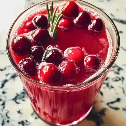 Ein Glas leuchtend roter Cranberrysaft ist mit frischen Cranberries gefüllt und mit einem Rosmarinzweig garniert.