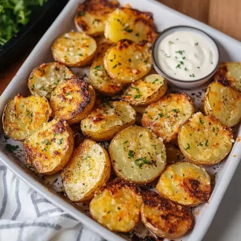 Eine Platte mit goldenen, gerösteten Kartoffelscheiben, garniert mit Kräutern, dazu eine kleine Schüssel mit Dip-Sauce.