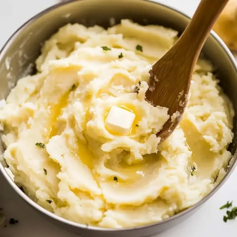 Eine Schüssel cremiges Kartoffelpüree wird mit zerlassener Butter übergossen und mit Kräutern garniert.