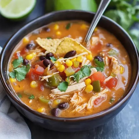 Eine Schüssel Hühnersuppe mit schwarzen Bohnen, Mais, Tomaten und Koriander, garniert mit Tortillachips, dazu Limettenspalten im Hintergrund.