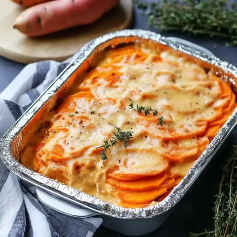 Eine gebackene Form mit geschnittenen Süßkartoffeln, bedeckt mit cremiger Sauce und garniert mit Thymian.