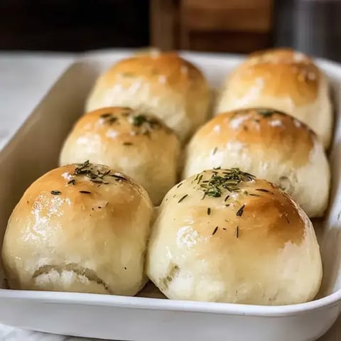 Nahaufnahme eines Bleches mit frisch gebackenen, goldbraunen Brötchen, garniert mit Kräutern.