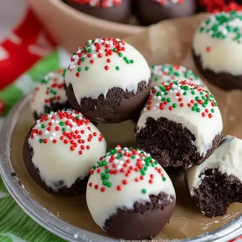 Ein Teller mit schokoladenüberzogenen Kekskugeln, verziert mit weißem Zuckerguss und roten und grünen Streuseln.