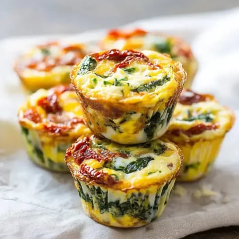 Ein Stapel Spinat- und getrocknete-Tomaten-Frittata-Muffins auf einem hellen Stoffhintergrund.