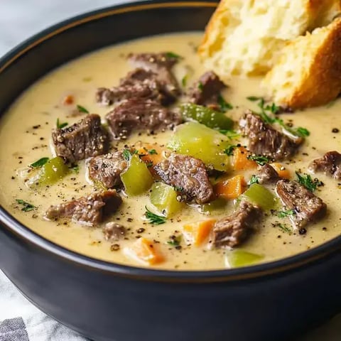 Eine Schüssel cremiger Suppe gefüllt mit zarten Rindfleischstücken, gewürfeltem Gemüse und einer Scheibe Brot zur Seite.