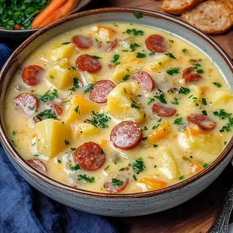 Eine herzhafte Schüssel cremiger Suppe mit geschnittener Wurst, Kartoffeln und gewürfeltem Gemüse, garniert mit frischer Petersilie.