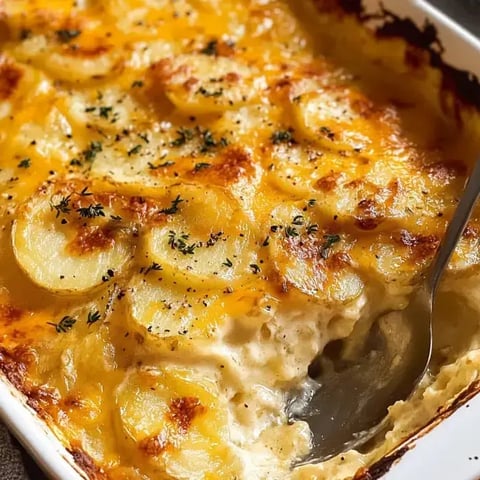 Ein cremiger Kartoffelauflauf, goldbraun überbacken, mit geschmolzenem Käse und Kräutern bestreut.