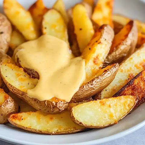 Ein Teller mit goldbraunen Kartoffelspalten, überzogen mit einer cremigen Käsesauce.