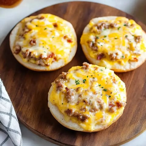 Drei getoastete English Muffin-Hälften belegt mit gebratenem Würstchen und geschmolzenem Käse, garniert mit einer Prise Kräutern, angerichtet auf einem Holzschneidebrett.