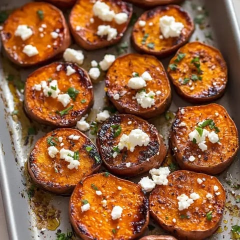 Geröstete Süßkartoffelscheiben belegt mit zerbröckeltem Feta und frischen Kräutern auf einem Backblech.