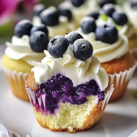 Frisch gebackene Törtchen mit weißem Frosting und Blaubeeren obendrauf, ein Törtchen halbiert zeigt eine lila Füllung.