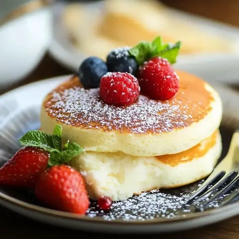 Ein Teller mit fluffigen Pfannkuchen, garniert mit Puderzucker, frischen Himbeeren, Blaubeeren und Minze, dazu Erdbeeren.