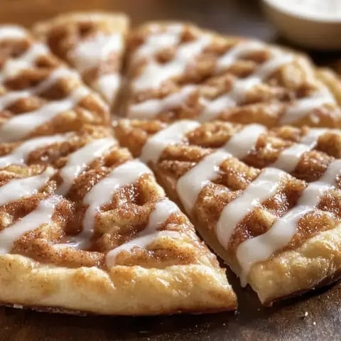 Eine Nahaufnahme von Zimtschnecken in Dreiecke geschnitten, mit Zuckerguss beträufelt auf einer Holzoberfläche.