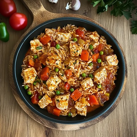 Un plato de arroz con carne y verduras.