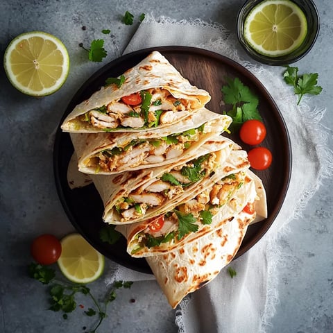 Tres tortillas de pollo con verduras y limones.