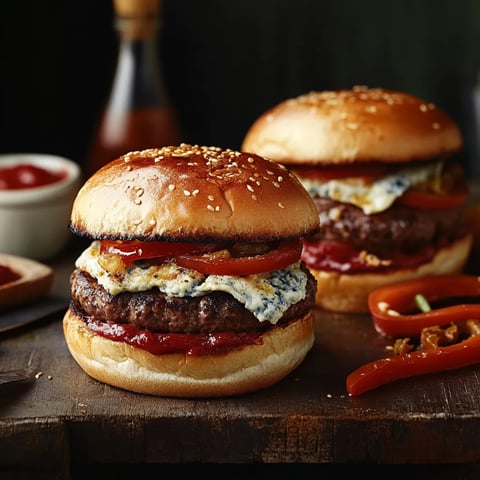 Zwei Hamburger mit Ketchup und Mayonnaise auf einem Tisch.