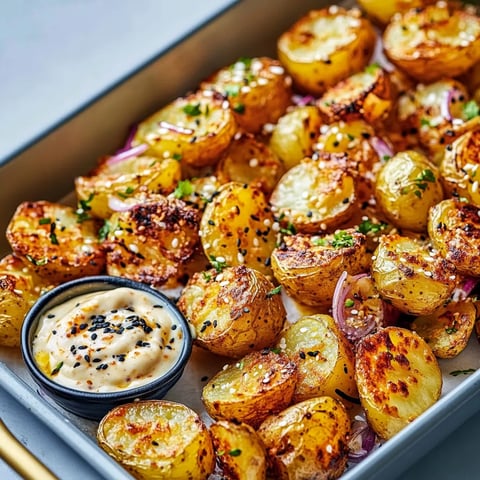 Eine Schüssel mit gegrillten Paprika, die in einer Sauce mit Knoblauch und Senf serviert werden.
