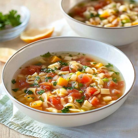 Ein weißer Teller mit einer Suppe, die aus Linsen, Tomaten, Zwiebeln und Kartoffeln besteht.