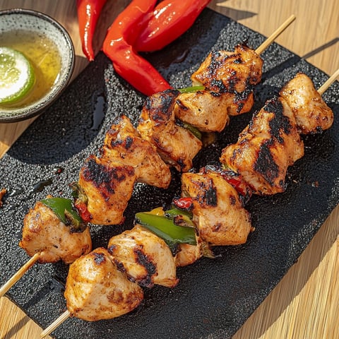 Eine Platte mit grillierten Hühnchenstiften, gegrillten Zwiebeln und roten Paprika.