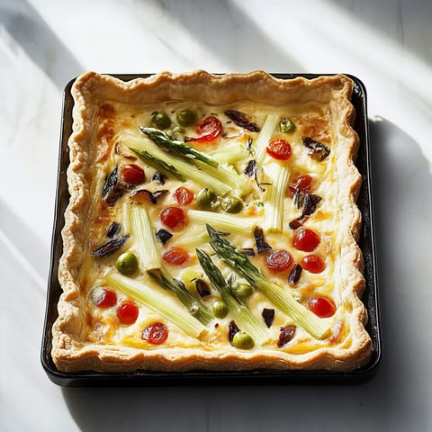Ein quadratischer, schwarz-weißer Teller mit einer Zwiebel-Tomaten-Topping.