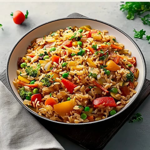 Ein Schüssel mit Reis und Gemüse, darunter Karotten, Tomaten, Zwiebeln und Peas.