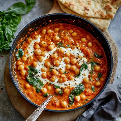 Ein schwarzes Kochgeschirr mit einer Suppe, die aus Kichererbsen, Spinat und Tomaten gemacht ist.