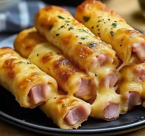 Eine Platte mit sechs Stücken Pasta mit Käse und Zwiebeln darauf.
