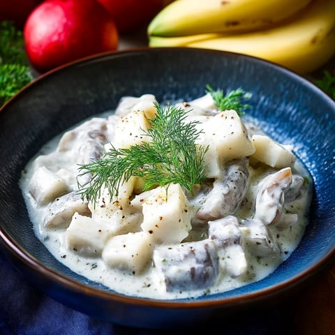 Ein Schälchen mit einer Mischung aus Kartoffeln, Zwiebeln und Bananen.