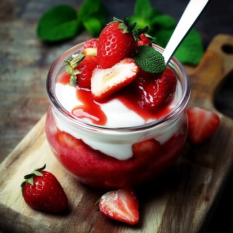 Eine Schüssel mit Strawberry-Whip und Strawberries auf einem Tisch.