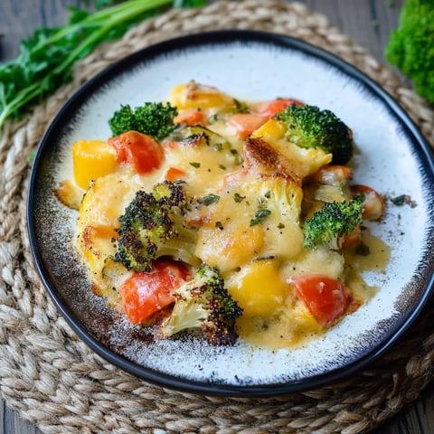 Ein Plate mit einer Mischung aus Käse, Broccoli und Tomaten.