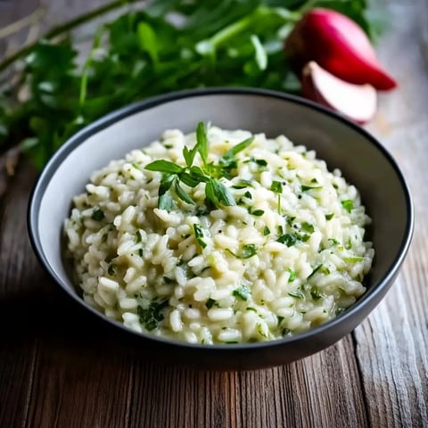Ein schwarzes, glänzendes Bowl mit Reis und grünen Zutaten auf einem Tisch.