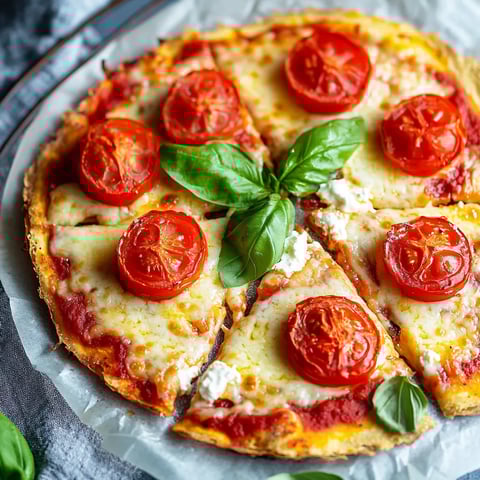 Eine pizza mit frischem Basilikum auf einem Teller.