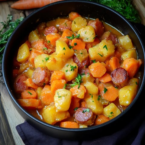 Ein schwarzes Töpfchen mit einer Mischung aus Kartoffeln, Karotten, Zwiebeln und Schweinchen.