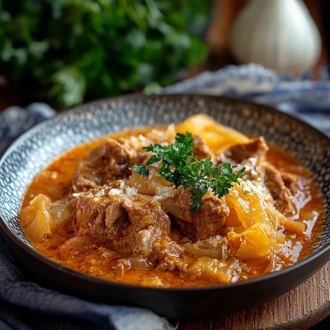 Ein Schüssel mit einer Mischung aus Fleisch, Zwiebeln und Gemüse.