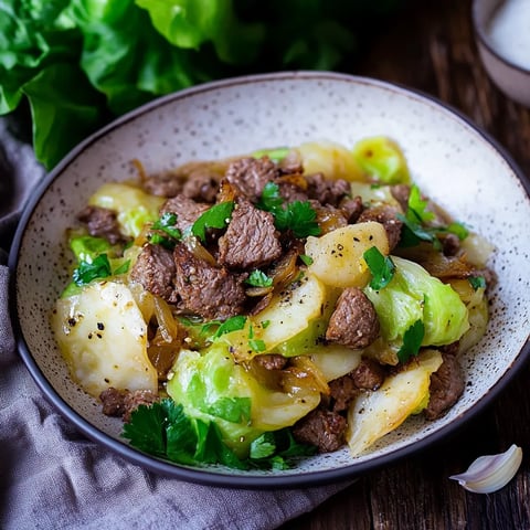 Ein Schüssel mit Fleisch, Zwiebeln und Kohl.